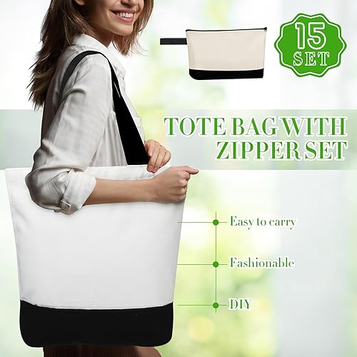 Miniatura 2 de Sanwuta Bolsas Tote de Lona al Por Mayor con Bolsa Cosmética con Cremallera de 18.5" Bolsa de Compras de Algodón Reutilizable con Asa para