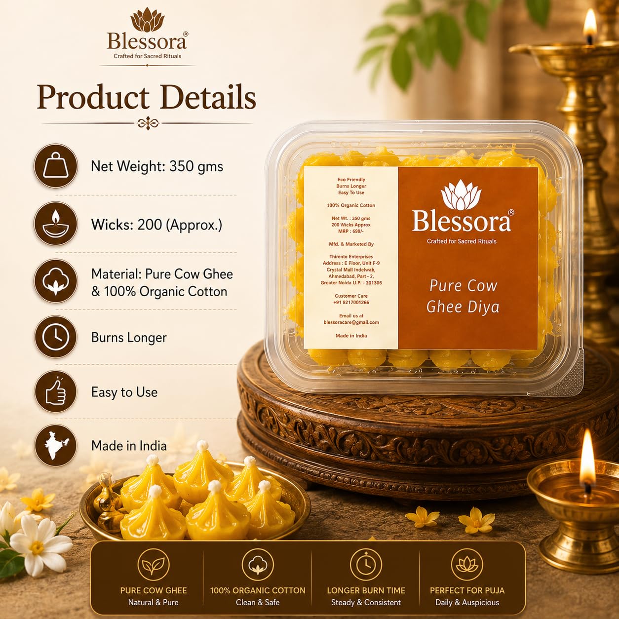 Blessora Pure Ghee Cotton Wicks Diya Batti - Ready Ghee Diyas for Pooja | Long Lasting Aarti Use | Temple Daily Worship (200 Pieces)