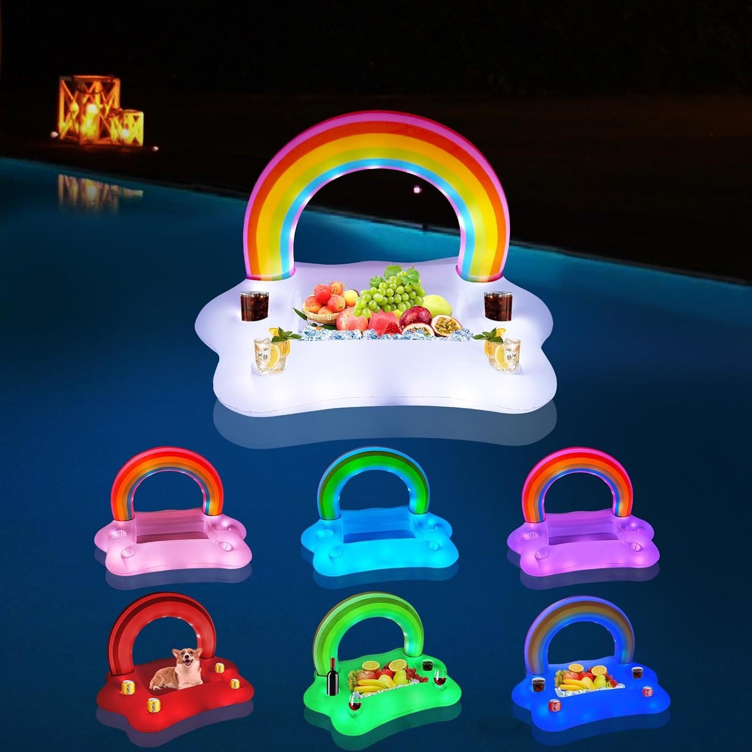 Aufblasbarer Regenbogen-Wolken-Getränkehalter mit Lichtern, solarbetriebene schwimmende Pool-Servierbar