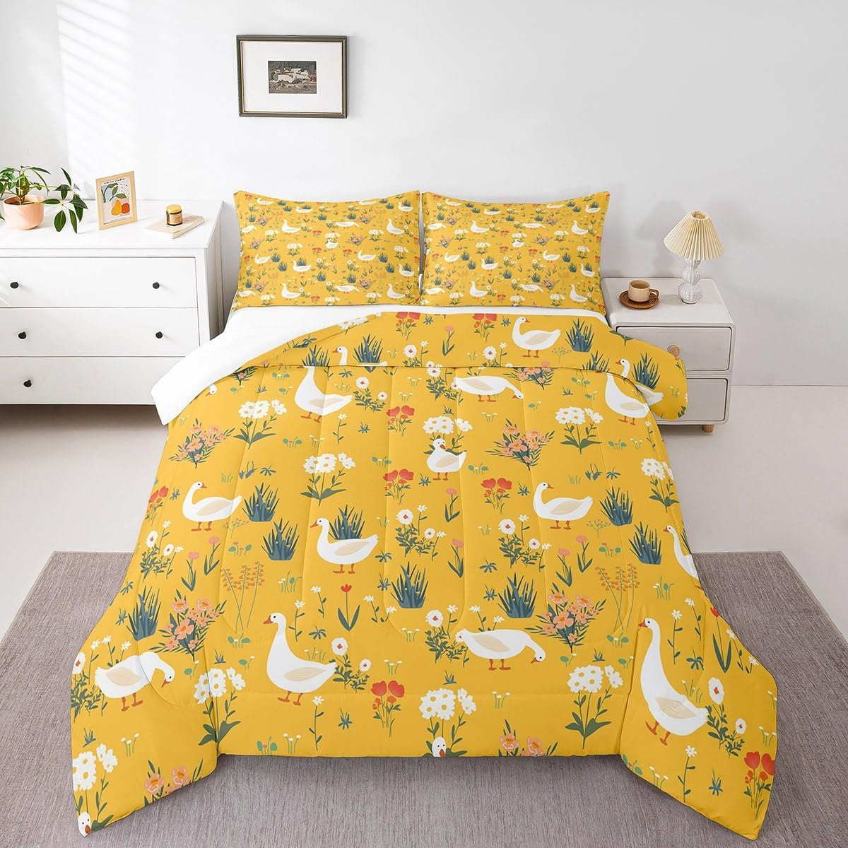 Erosebridal Cartoon Duck Comforter Set - Cute Hand Drawn Duck Duvet Insert Twin, Lovely Farmhouse Animal Quilt Comforter with 1 Pillowcase