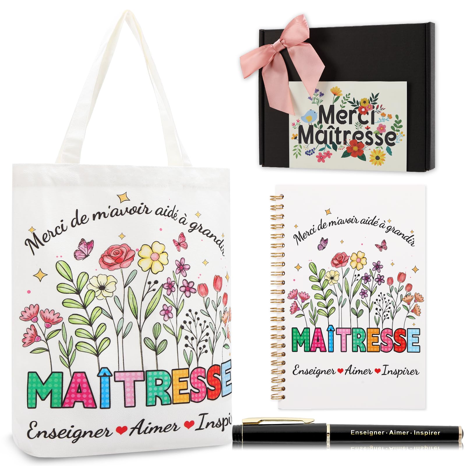 Echehi Cadeau Maitresse d'École Fin d'Année, Avec Tote Bag, Carnet A5, Stylo