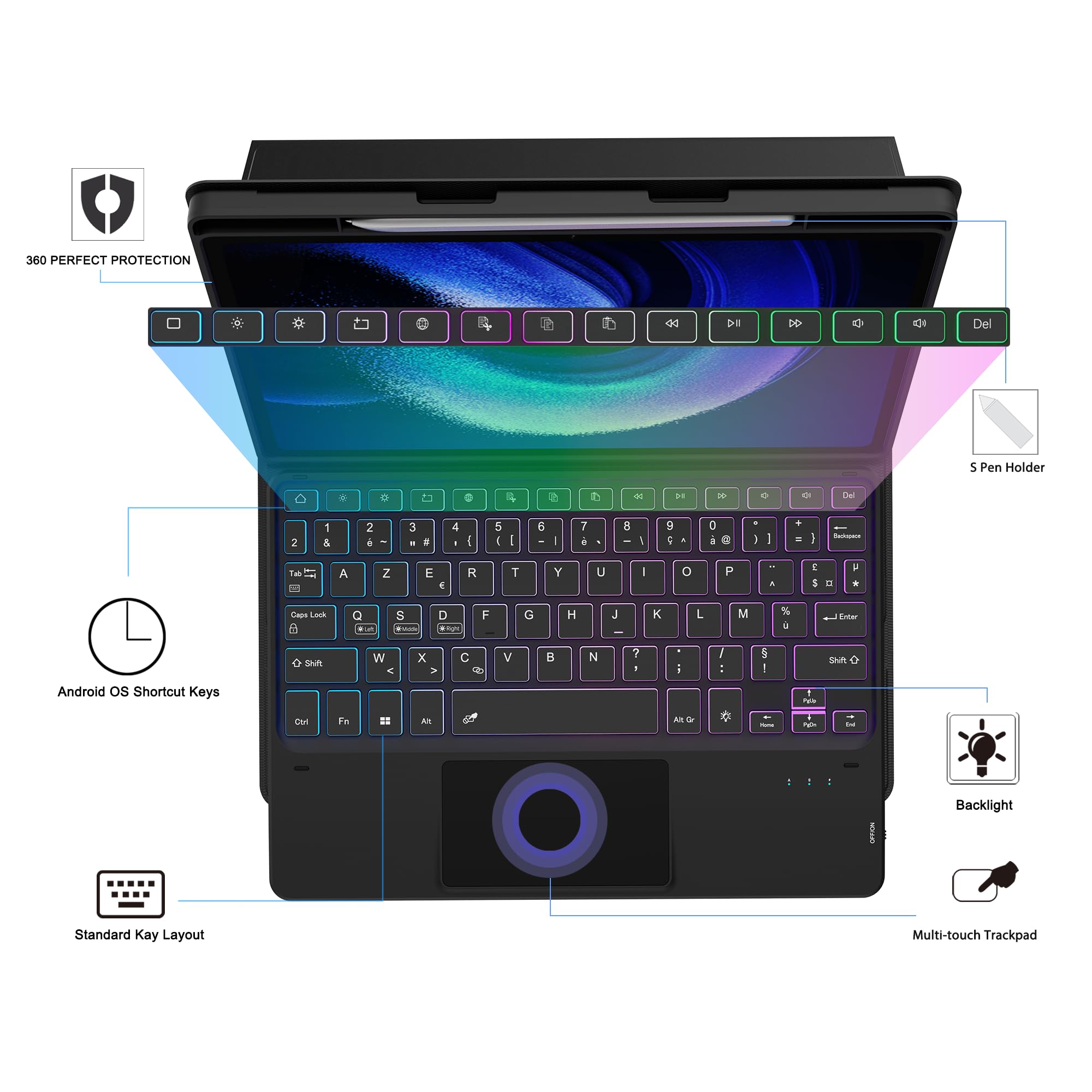 pour Xiaomi Pad 6/Pad 6 Pro Étui avec clavier détachable - français AZERTY, Clavier rétroéclairé DIY 3 zones 7 couleurs avec pavé tactile - Étui clavier pour Xiaomi Pad 6/Xiaomi Pad 6 Pro 11''