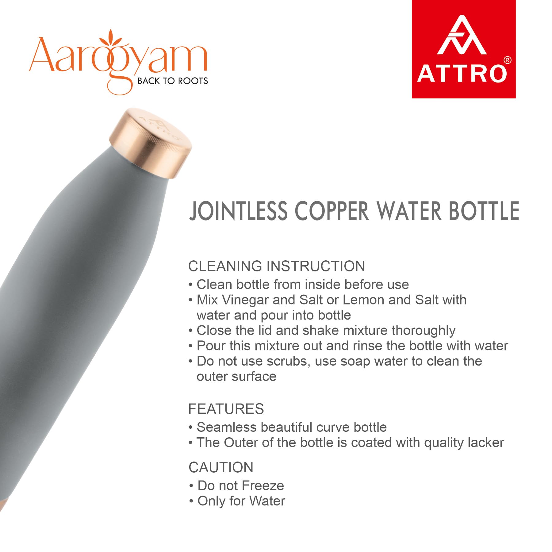 Attro Copper Water Bottle - 1000ml -2