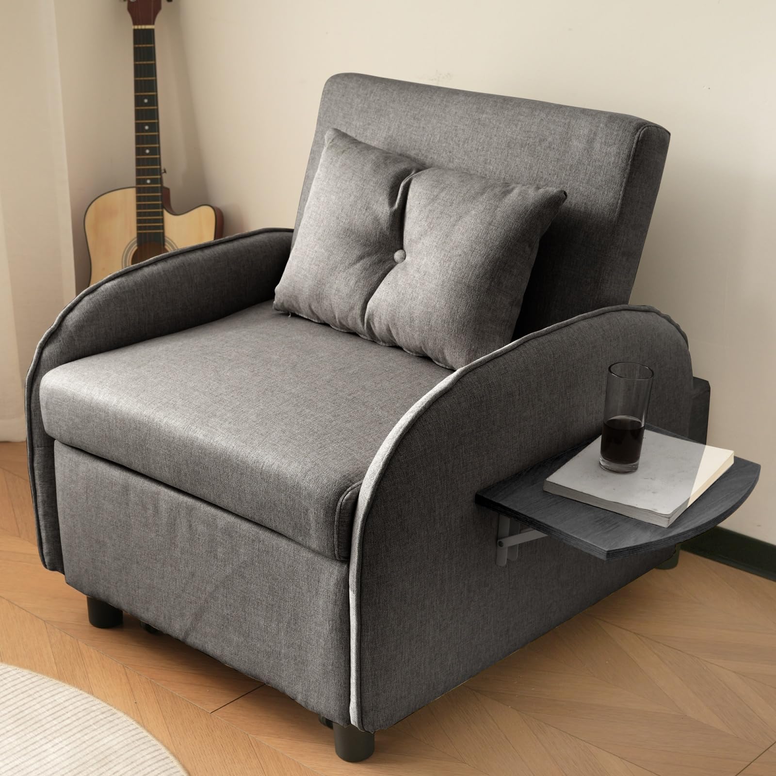 Genérico Sofá Cama 1 Plaza,Respaldo Ajustable 2 Posiciones y Almohada,Sillón Cama Plegable 3 en 1 con Mesa de Centro Plegable,SillóN Relax Convertible en Chaise Longue y Cama Individual (Gris Oscuro)