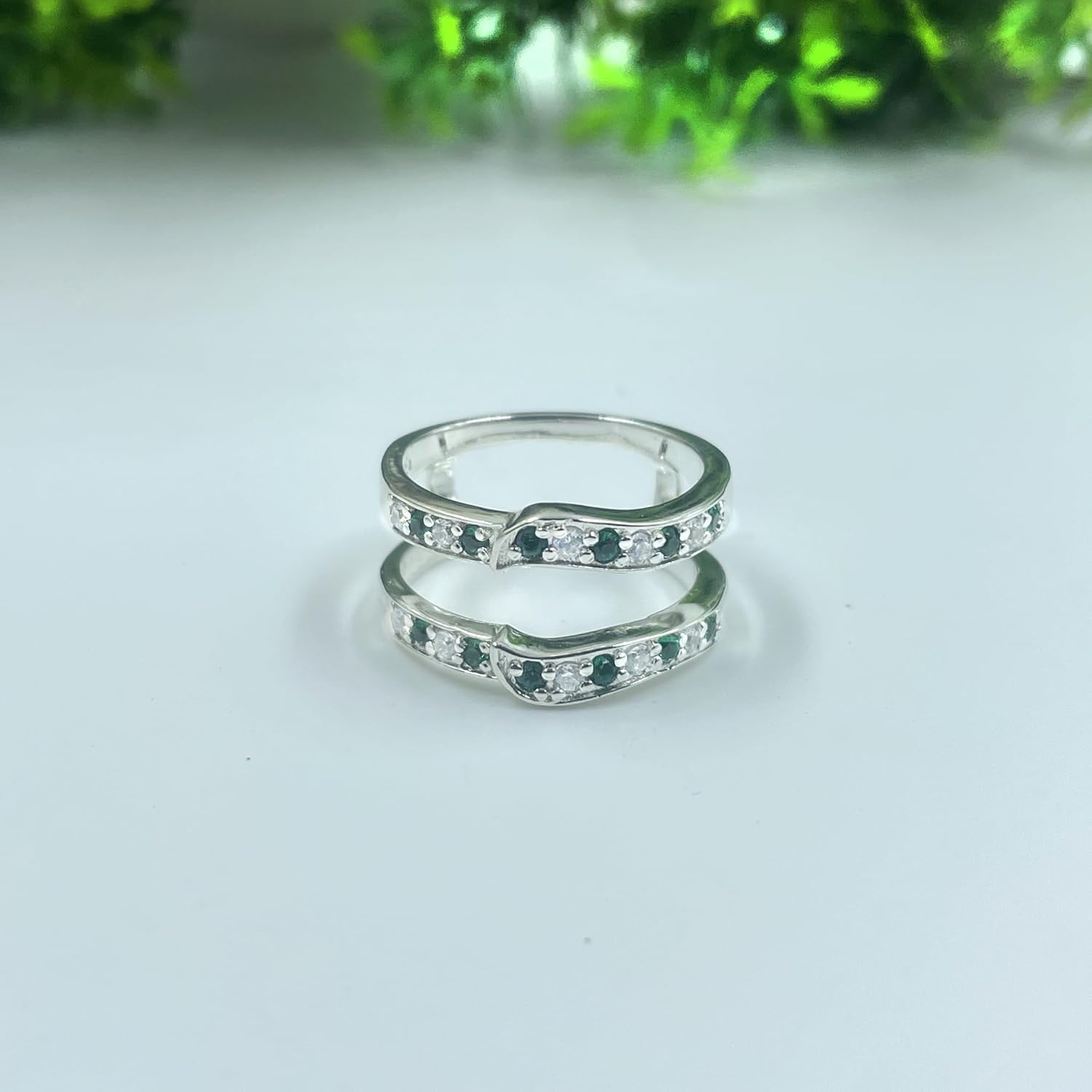 Round Cut Green Emerald & White Diamond Wedding Enhancer Guard For Women, 14K Gold Plated Silver May Birthstone Emerald Contour Curve Wrap Guard Ring