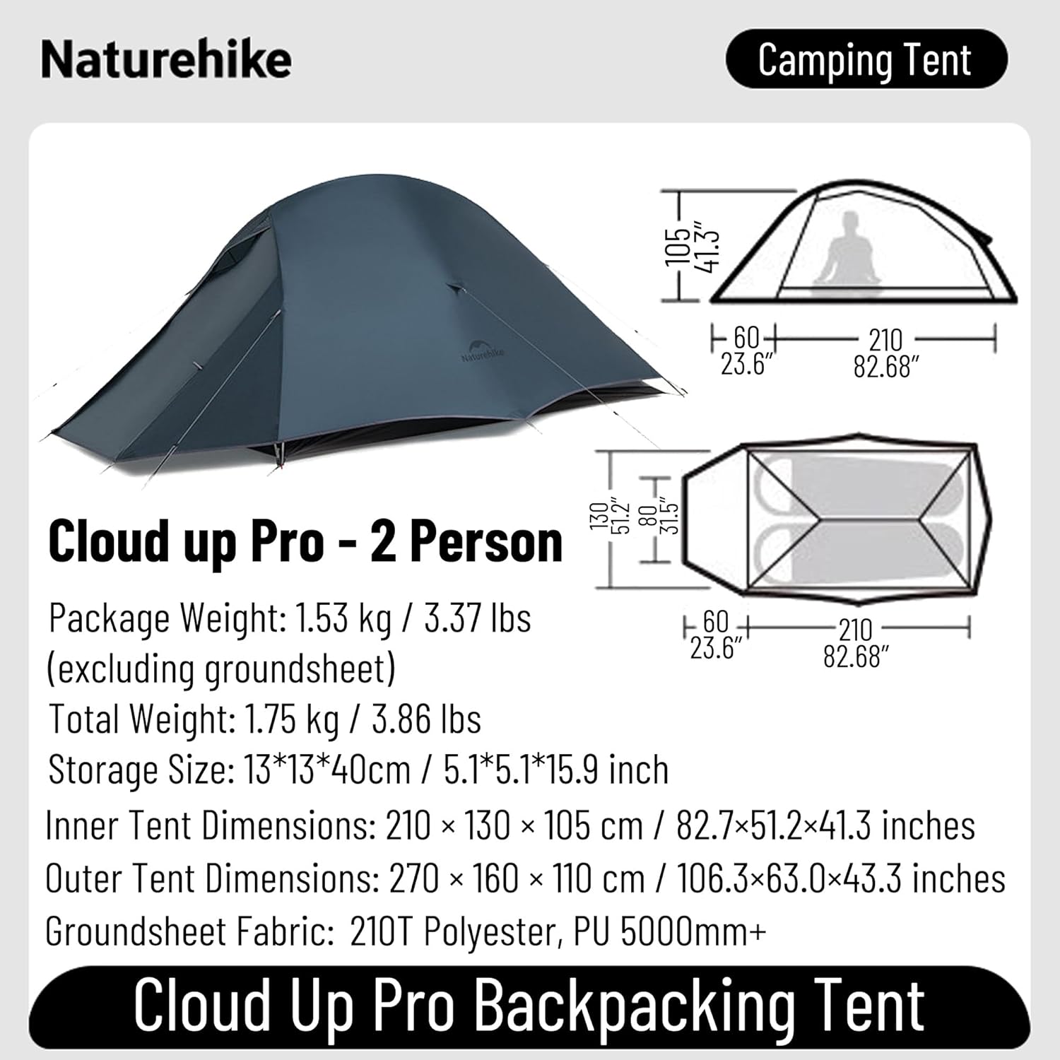 Naturehike Cloud up Pro Camping Tent, 1/2/3 Person Ultralight Tents, 3 Season Backpacking Tent, Waterproof for One Man, Self-Standing Easy Setup for Cycling, Outdoor Camp