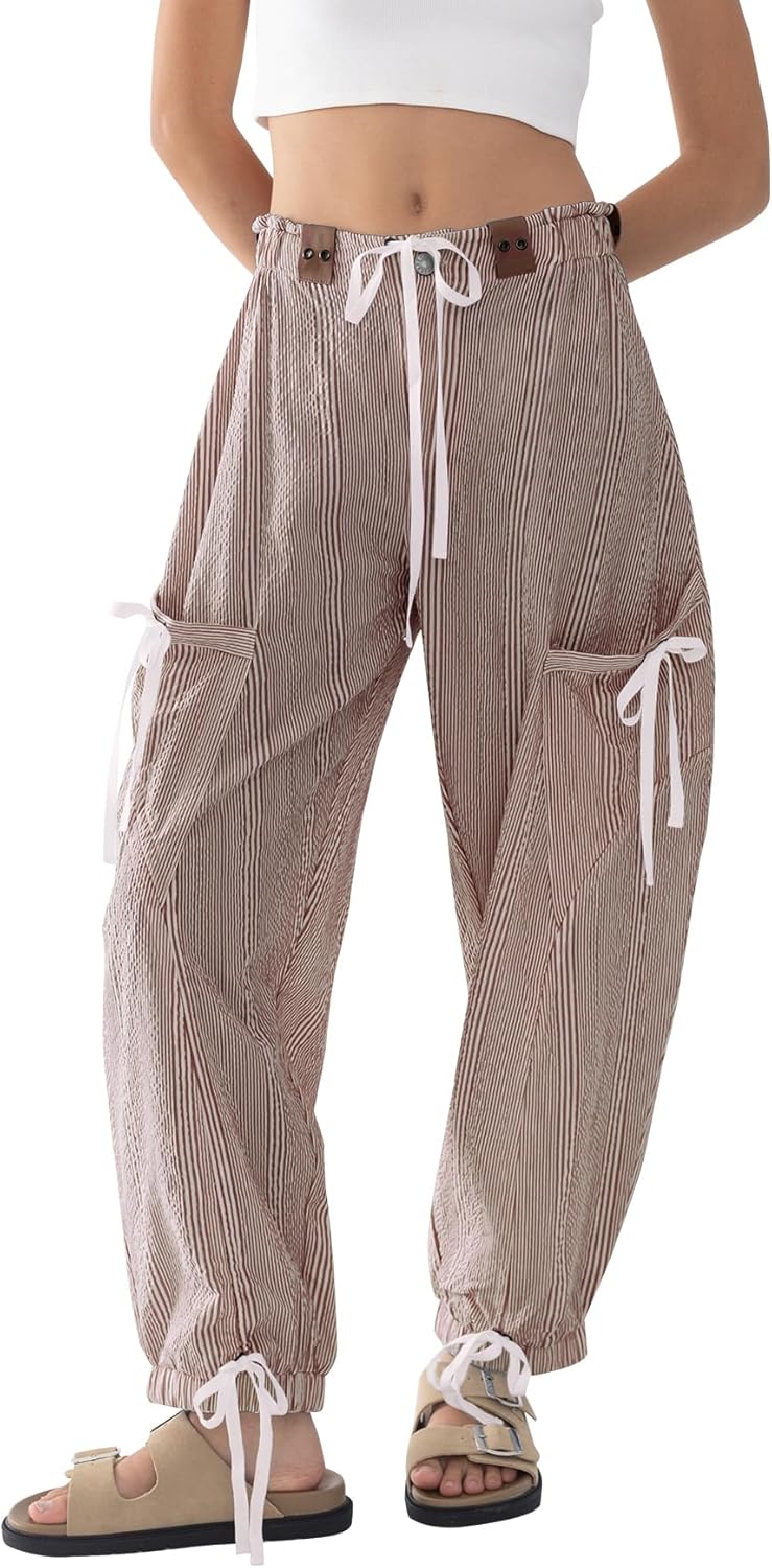 EZAPINE Women Striped Barrel Pants Drawstring Casual Baggy Boyfriend Y2K Streetwear Parachute Pants with Pockets