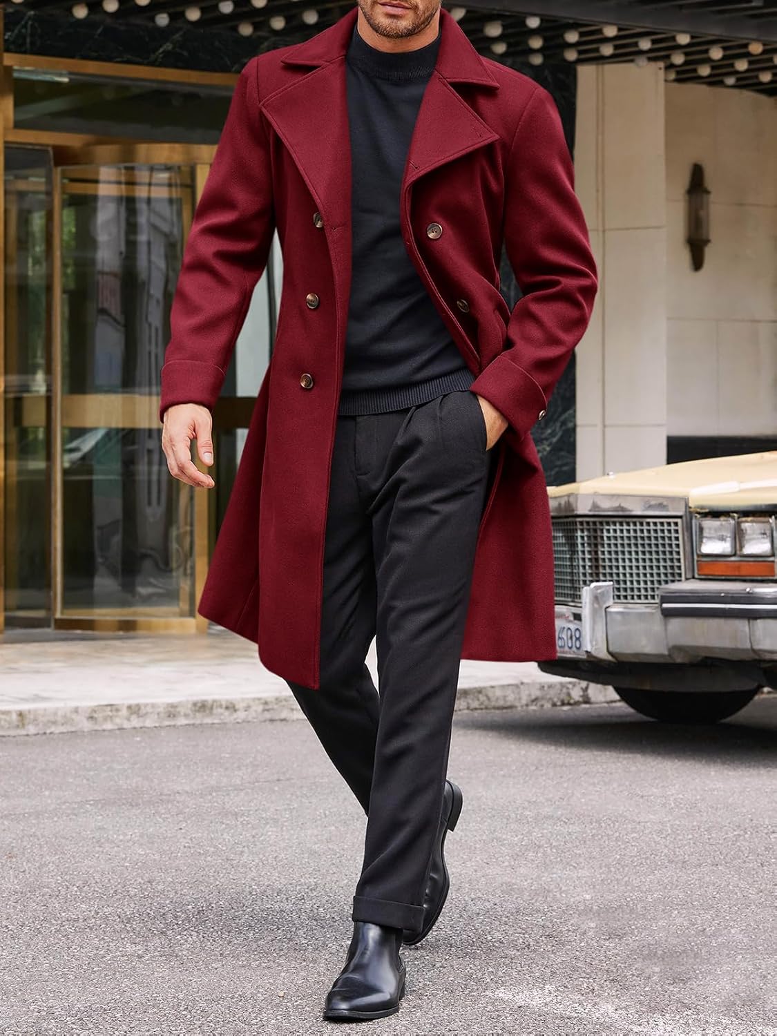 Runcati Mens Trench Coat Notch Lapel Double Breasted Belted Pea Coat Wool Blend Winter Warm Overcoat - Image 4