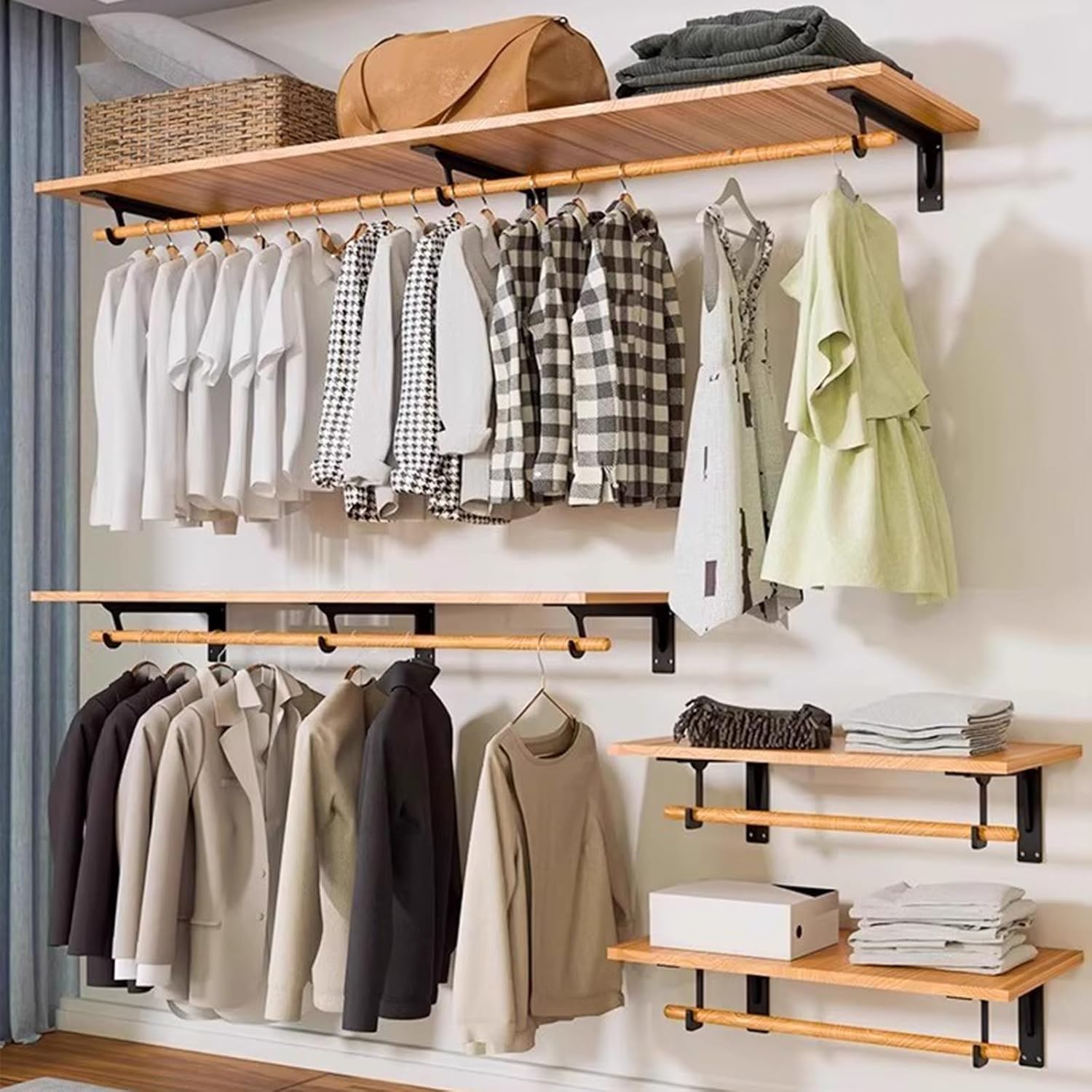 Heavy Duty Closet Shelf and Rod Brackets,Wall Mounted Shelf Supports,Clothes Hanger Pole Support,Closet Shelves Bracket with Rod Shelving Support(Black,290mm/11in)