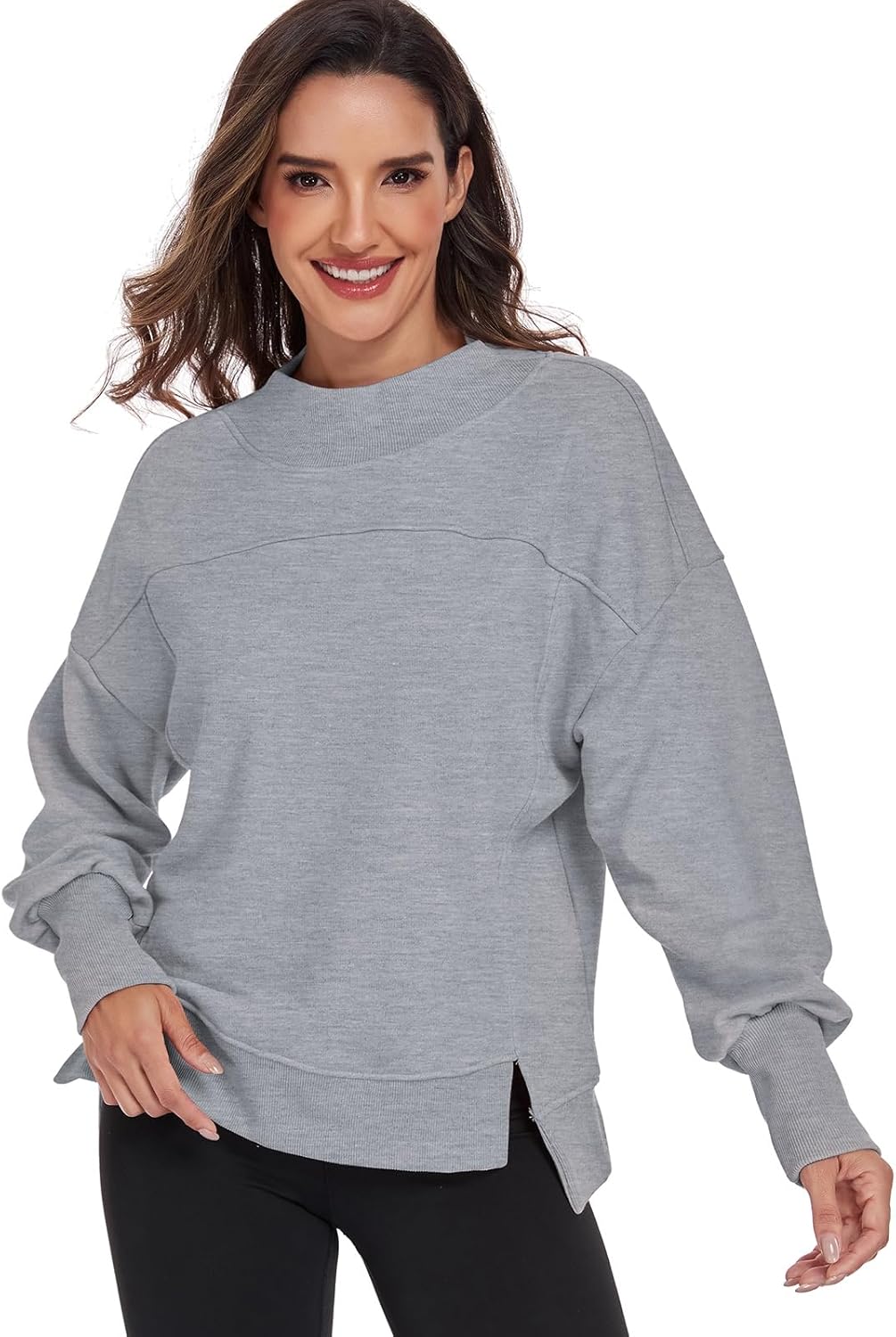 HOUZONIY Womens Long Sleeve Sweatshirt Crewneck Side Slit Soft Lightweight Workout Casual Fall Fashion Basic Pullover Tops - Image 4