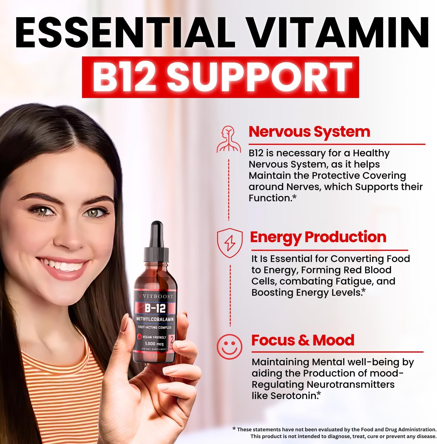 VITBOOST Vegan Liquid B-12 Drops – 60 x 5000 mcg Extra Strength Raspberry Flavored Vitamin B12 Liquid Methylcobalamin sublingual Supplement | Designed to Maximize Absorption & Energy | Gluten Free - Image 4