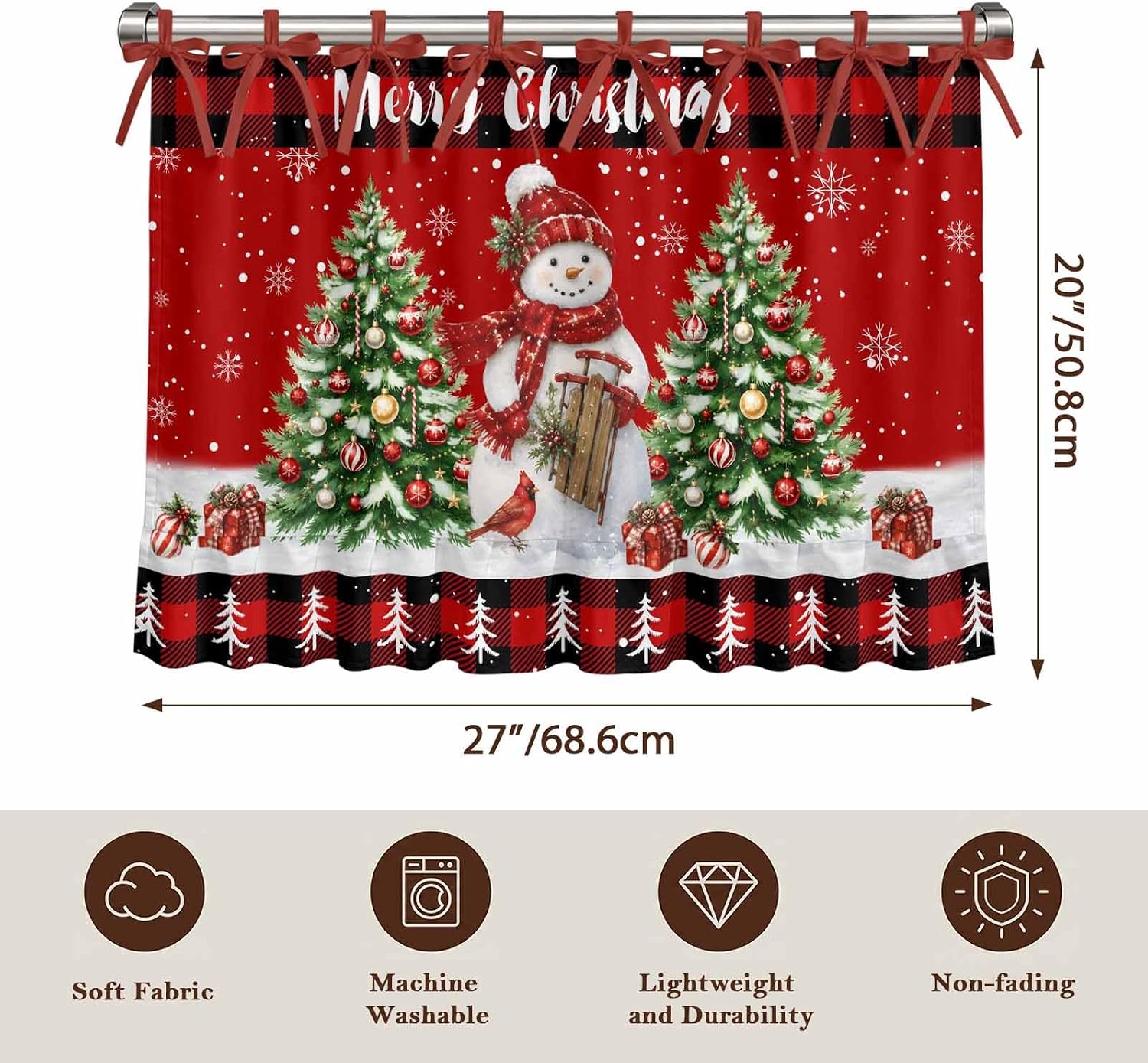 Christmas Snowman Oven Curtain with Tie Top, Winter Christmas Trees Cardinal Gift Boxes Oven Skirt Curtains with Tie Top Cabinet Cover Curtain for Small Kitchen Apartment Decor 27 x 20 Inches image 4