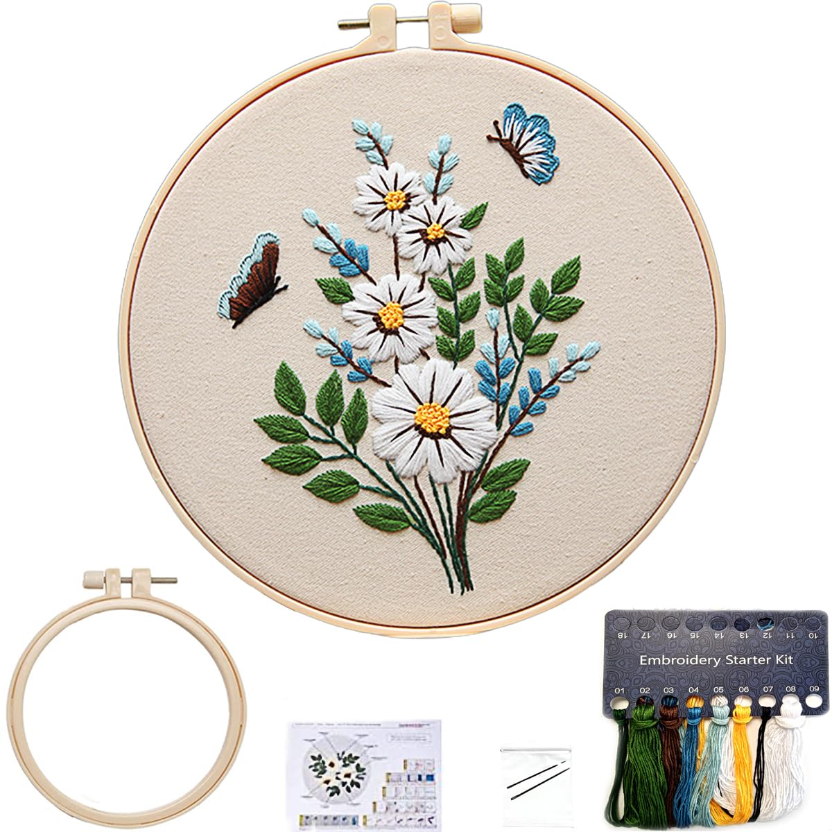 FONNUY Embroidery Kit for Beginners，Plants Flowers Pre-Stamped Pattern Kits for Adults with Hoop, Easy to Follow Needlework (Butterfly Flower)