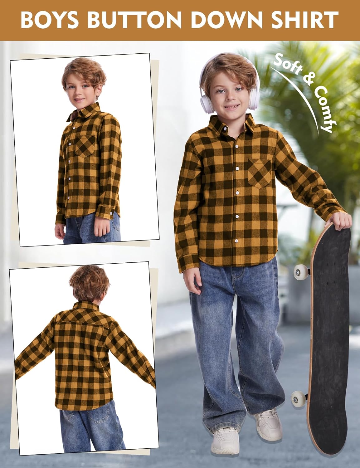 Flygo Boys Girls Long Sleeve Plaid Button Up Shirt Kids Casual Button Down Shirts Tops with Pockets - Image 4