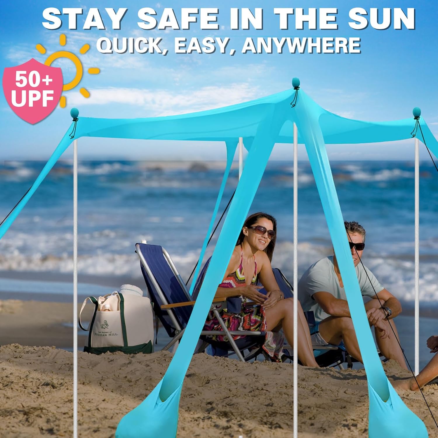 Beach Canopy Beach Tent 11X11 FT Beach Shade Canopy UPF50+ Sun Protection Windproof Ropes 4 Poles Carry Bag Easy to Set Up for Outdoor Camping
