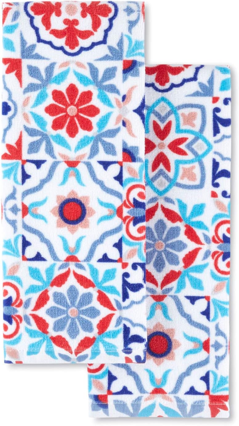 Fiesta Worn Tiles Kitchen Towels 2Pack Set, Red/Blue, 16