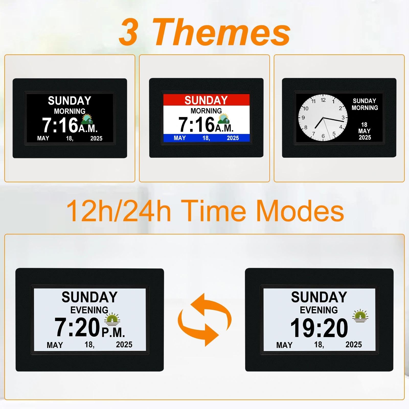 Fousenuk 7 Pollici Orologio da Parete Digitale con Data Giorno e Ora, Sveglia Digitale con Telecomando, 20 Sveglia e 3 Tema, Calendario Elettronico Automatico Oscuramento per Bambini, Anziani(Nero)