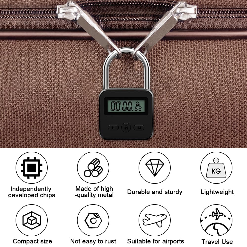 Bloqueo de Tiempo Inteligente, USB Recargable Candado Seguridad con LCD Pantalla Digital Máximo de 99 Horas Smart Time Lock Electrónico de Metal Resistente para Prevenir Malos Hábitos