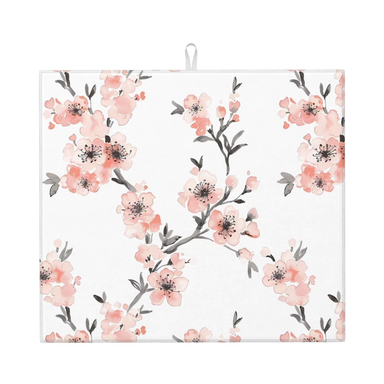 HJFCZH Light Coral Cherry Blossom Prints Kitchen Drying Mat – Absorbent Microfiber Throw for Dishes, Non-Slip Counter Cover, Quick-Drying Layer with Fade-Resistant Print