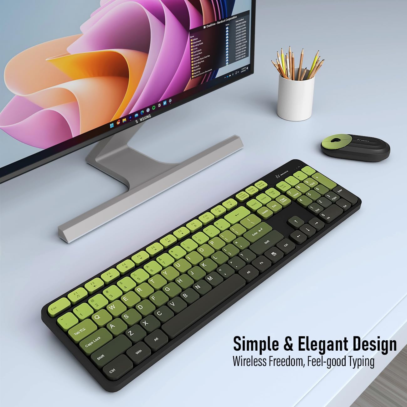 Wireless Keyboard and Mouse Combo - 2.4G Wireless, Rechargeable, Low-Noise, Cute Colorful, Full-Sized, 3 DPI Adjustable Mouse, for Computer, Laptop, PC, Desktop(Black Green)