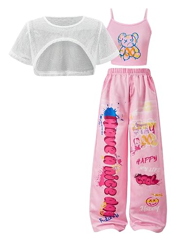 Floerns Girl's 3 Piece Summer Street Outfits Cartoon Camisole Wide Leg Denim Pants with Mesh Crop Tops