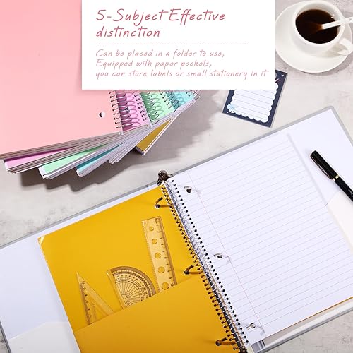 Miniatura 4 de Teling 6 cuadernos en espiral de 5 materias de colores con rayas anchas, 200 hojas, 8 x 10 12 pulgadas, Protege Cahier A5, 3 bolsillos divisores de