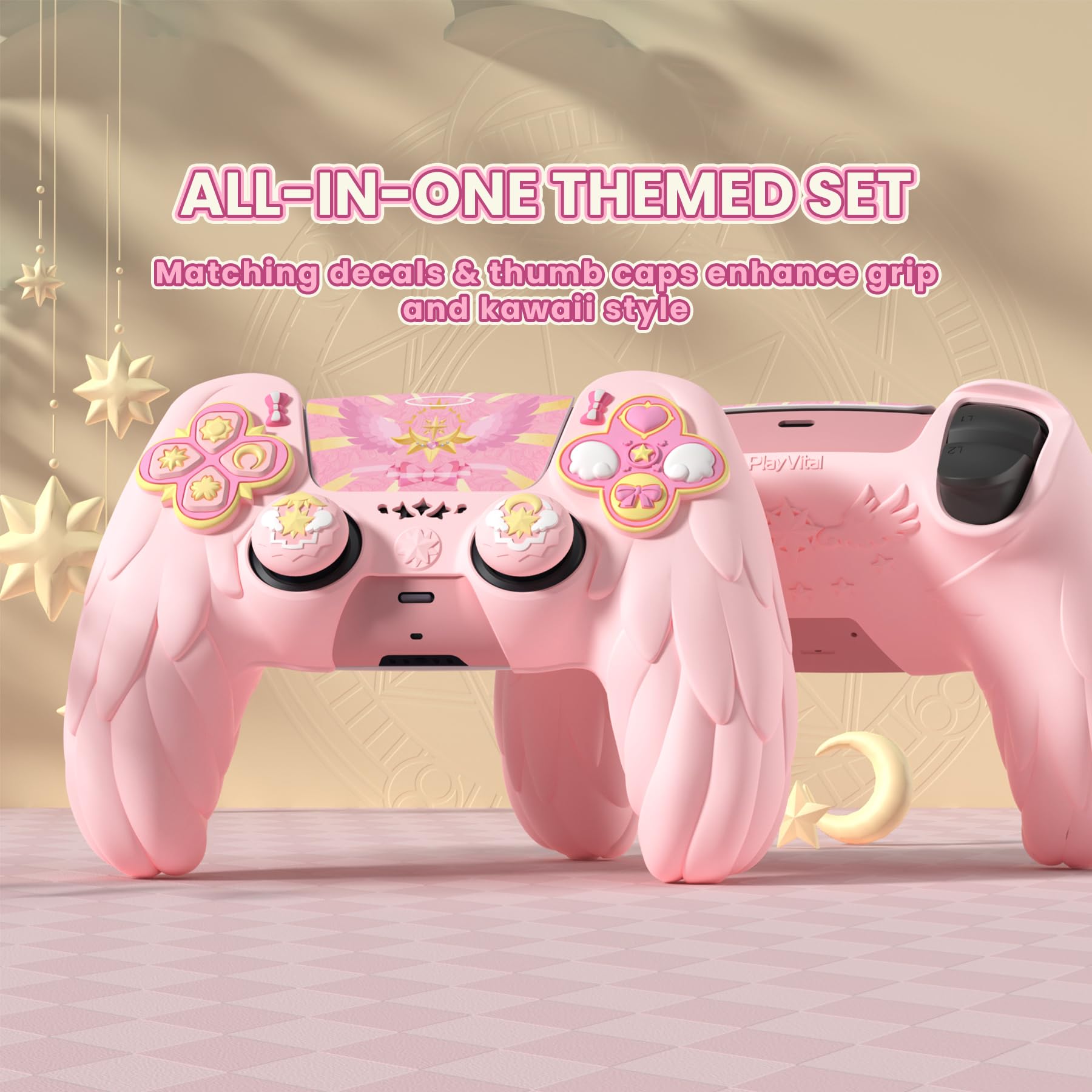 PlayVital Funda de Silicona Protectora para ps5 Mando - Carcasa Suave Antideslizante con Tapas para Joysticks y Pegatinas, Compatible con Base de Carga - Serie Magic Wings (Rosa)
