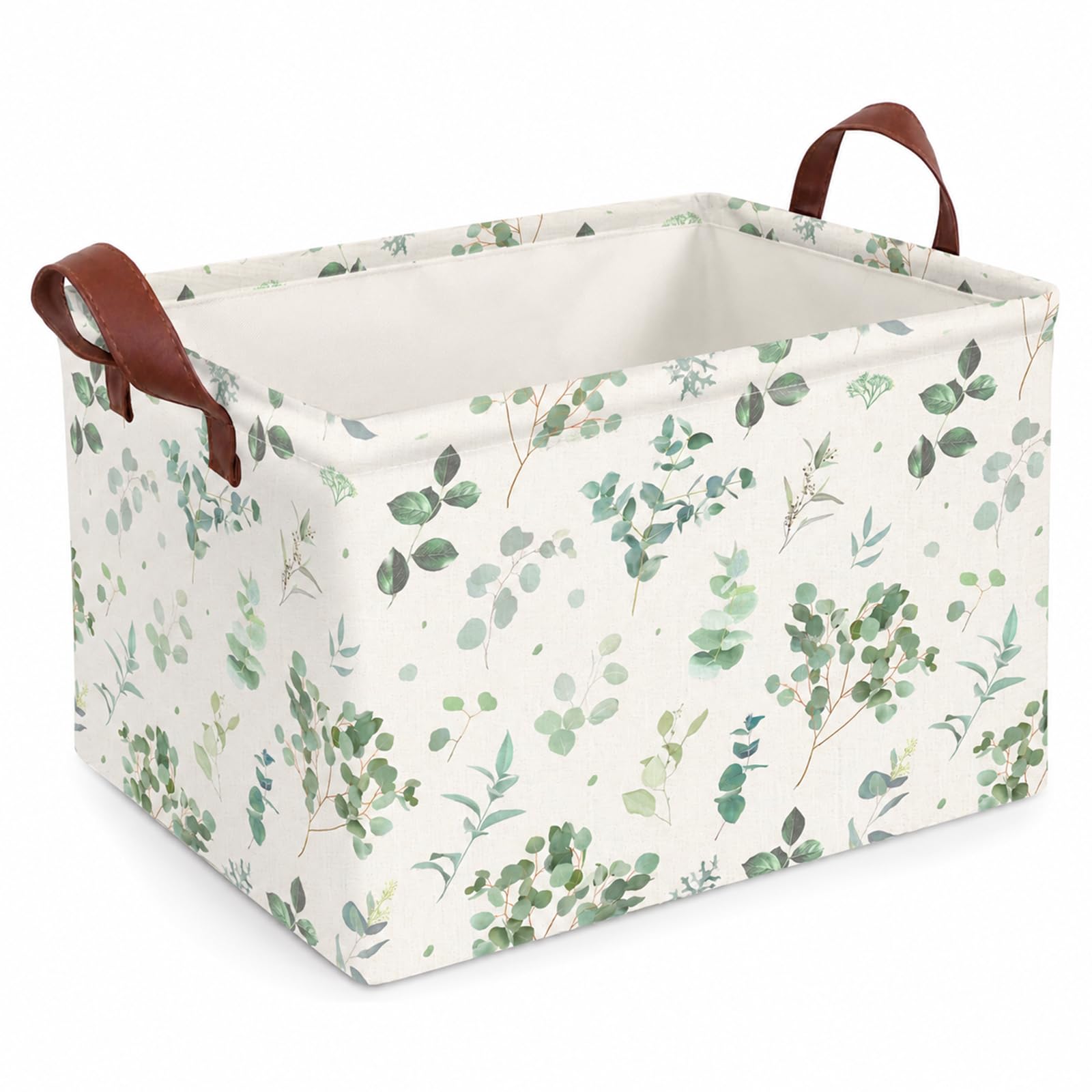 Toy Basket, Book Storage Box in Sage Green White Design, Large Kids Toy Box for Toys Books Clothes, Waterproof Canvas Storage Bin for Bedroom Playroom Nursery Home Decor, 15.0 x 10.2 x 9.8 in