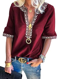 FARYSAYS Women's Summer Boho Embroidered V Neck Short Sleeve Casual T-Shirt Tops Loose Blouse