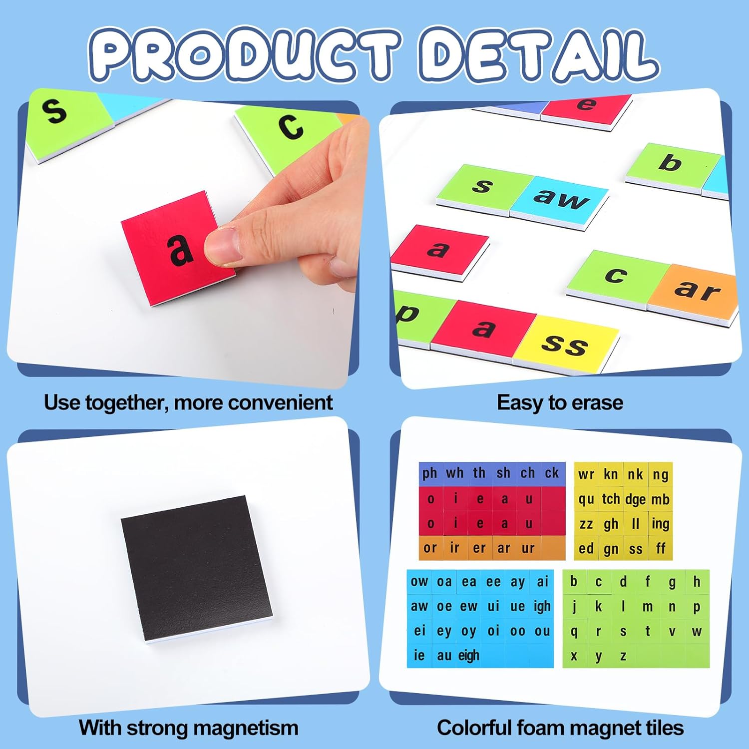 4 Set Elementary Magnet Set with Folding Board Magnetic Foam Reading Tiles with Folding Magnetic Board Homeschool and Classroom Portable Magnetic Manipulative Set