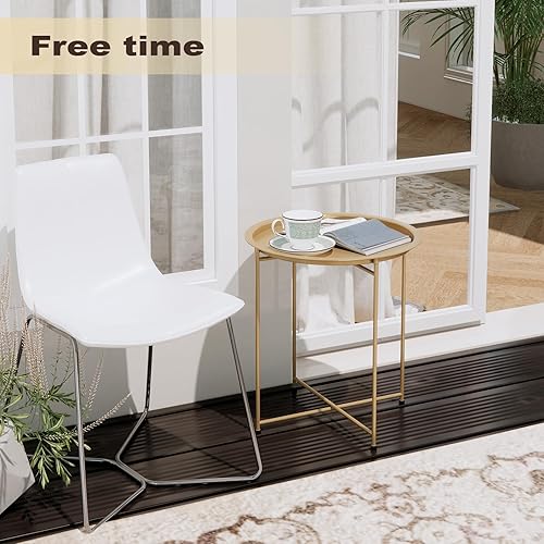 Miniatura 4 de XIV Mesa auxiliar redonda, mesa auxiliar plegable, mesa auxiliar pequeña de metal con bandeja extraíble para sala de estar, dormitorio, balcón