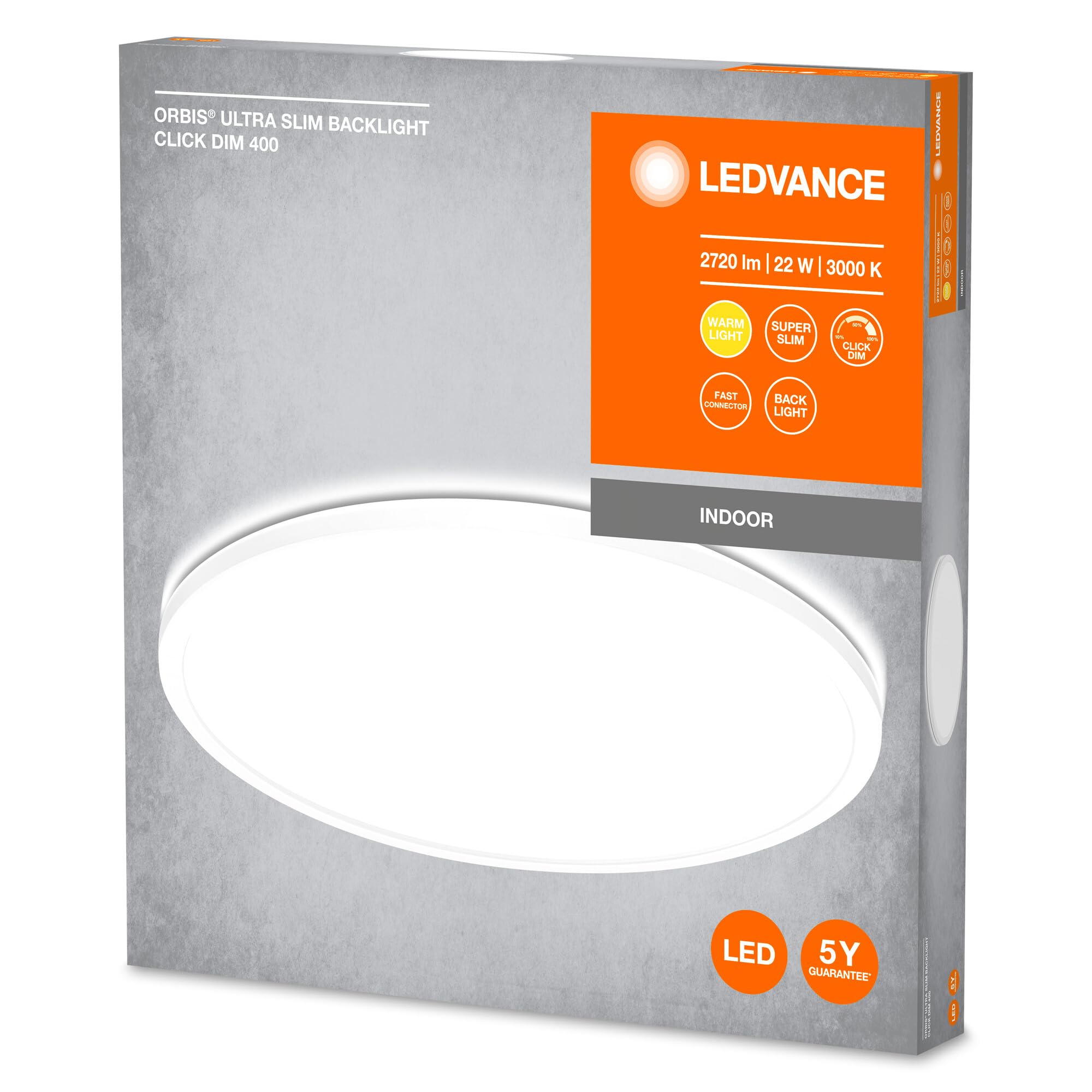 LEDVANCE ORBIS Ultra Slim Deckenleuchte 400mm, weiß, 22W, 2720lm, homogenes, warmweißes Licht (3000K) + Hintergrundlicht, dreistufige Dimmbarkeit über Wandschalter, ultraflach, Schutzklasse IP20