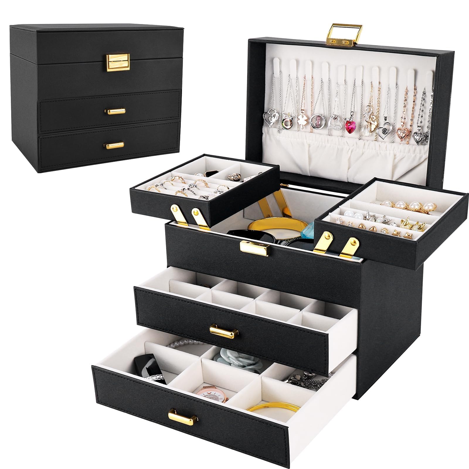Dajasan Jewelry Boxes for Women Girls, Jewelry Holder Organizer Box, 4 Layers Large Jewelry Storage Organizer for Earring, Ring, Necklace, Bracelets (Black)