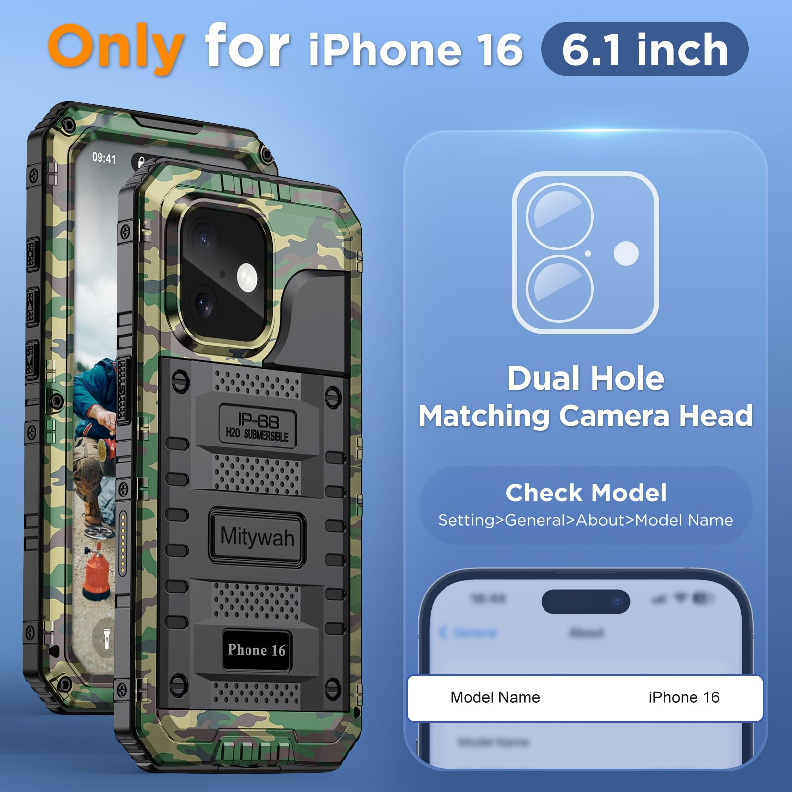 Mitywah Wasserdichte Schutzhülle für iPhone 16, stoßfest, strapazierfähig, mit integriertem Displayschutz, Unterwasser-Ganzkörper-Schutzhülle, Metallhülle, 6,1 Zoll, Camouflage