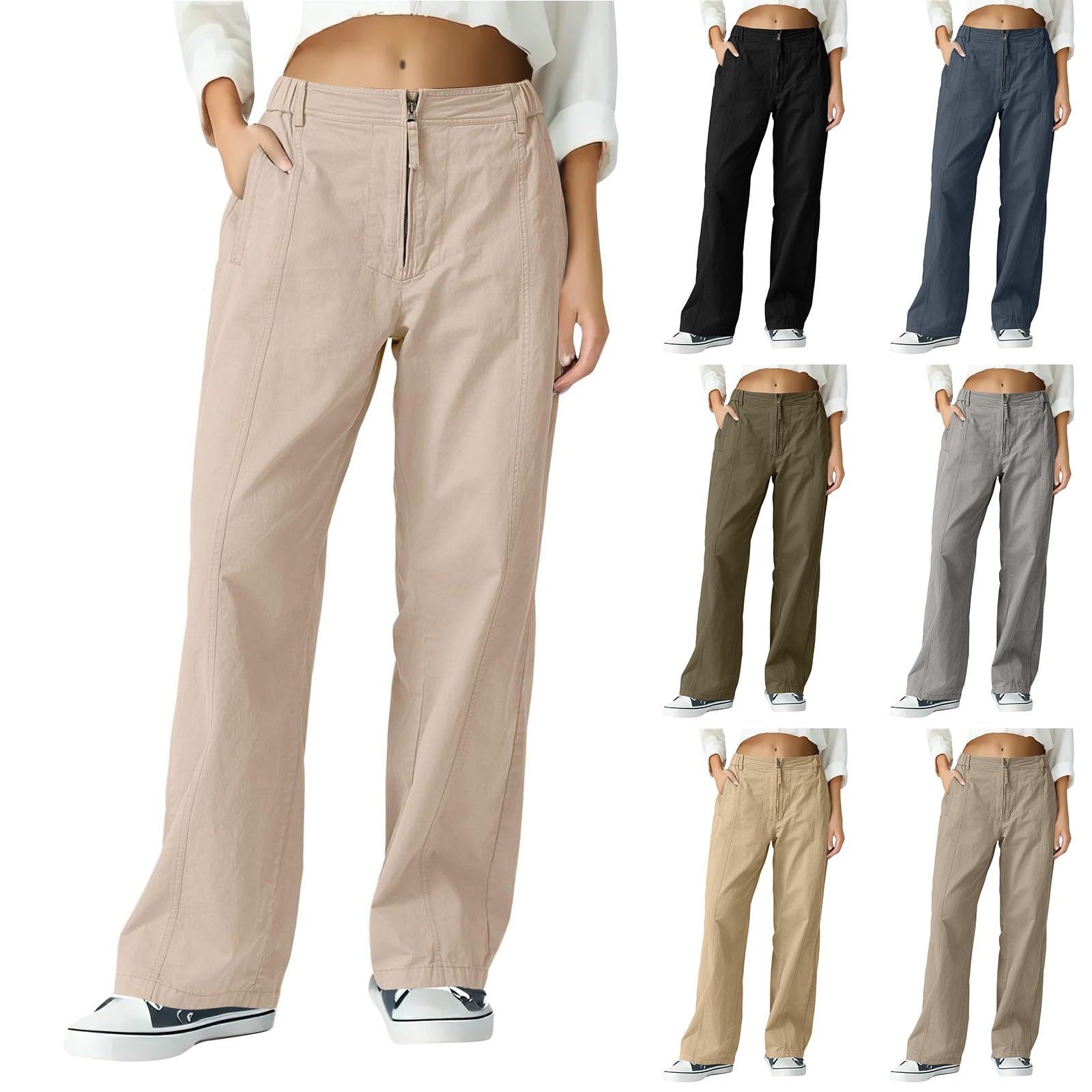 Cargo Pants Women Baggy High Waisted Wide Leg Pants with Pockets Casual Front Zipper Back Elastic Waist Trousers