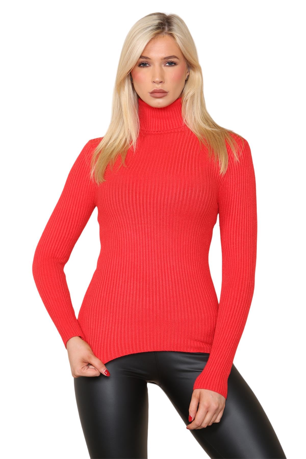 Wickedfashions123 Women's Red Office Formal Jumpers Turtle Polo Neck Wool Jumper Ribbed Sweater Outdoor Fashion Tunic Top Casual Wear Winter Warm Sweatshirts Knitted Jumper Top Uk Size 8-14