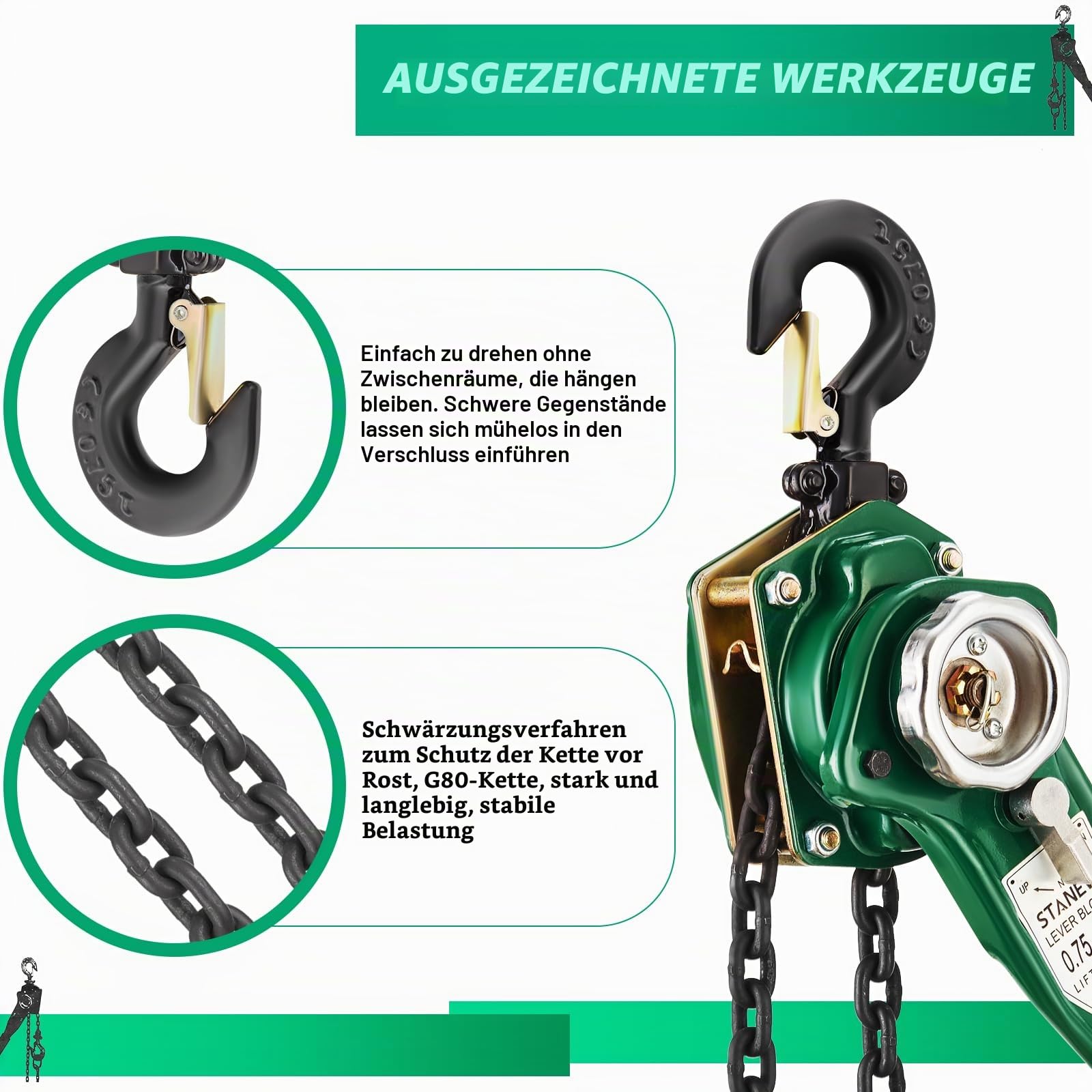 STANEW Hebelzug Kettenzug 0,75t, Hubhöhe bis 2,8m, Kette aus robustem Carbonstahl G80, mit 360° drehbarer Haken | Kette aus Kohlenstoffstahl G80, Haken 360° schwenkbar, mit Linguet. Kompakt, ideal für Werkstatt, Baustelle, Garage
