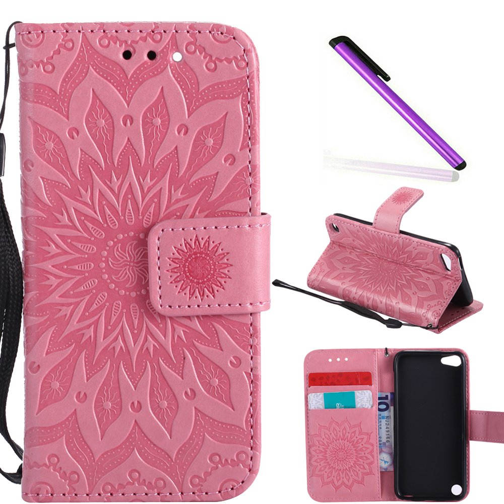 COTDINFOR iPod touch 5 Protection Case For Girl Elegant Retro Flip Case Wallet PU Premium Leather Magnetic Slim Stand Case Card Holder for iPod touch 6 Pink Sunflower KT.