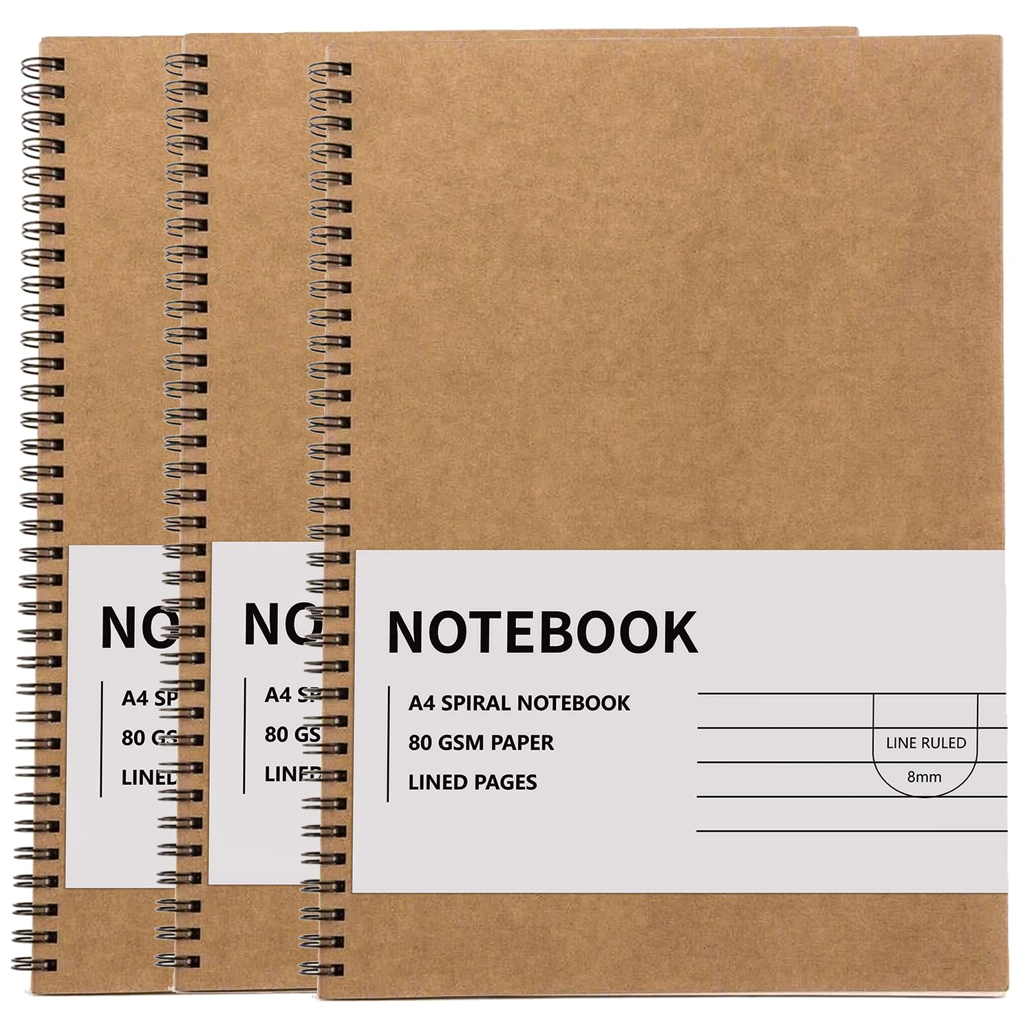 RICHER HOUSE 3 Pack A4 Line Notebook, 120 Pages Kraft Cover Spiral Notebook