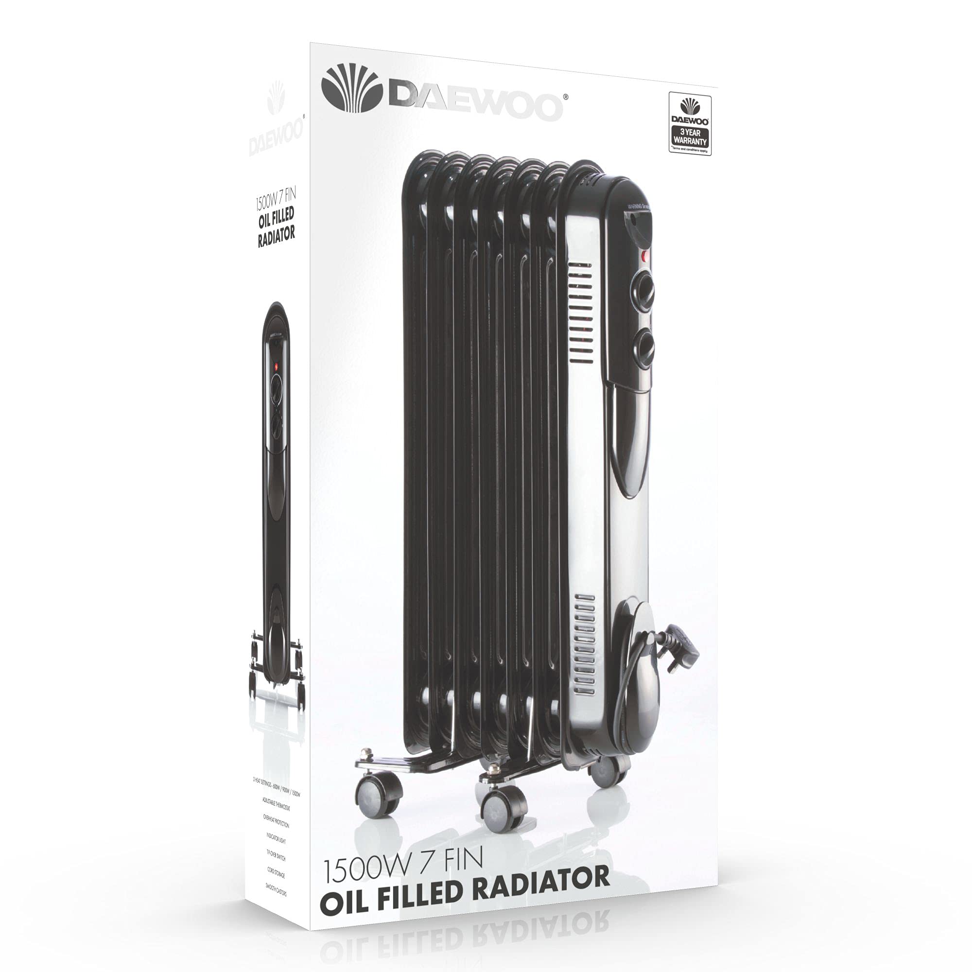 Daewoo 7 Fin Oil Filled Radiator HEA1816 1500W Portable Electric Heater  With Dial Control Adjustable Temperature 3 Power Settings Black… :  Amazon.co.uk: DIY u0026 Tools