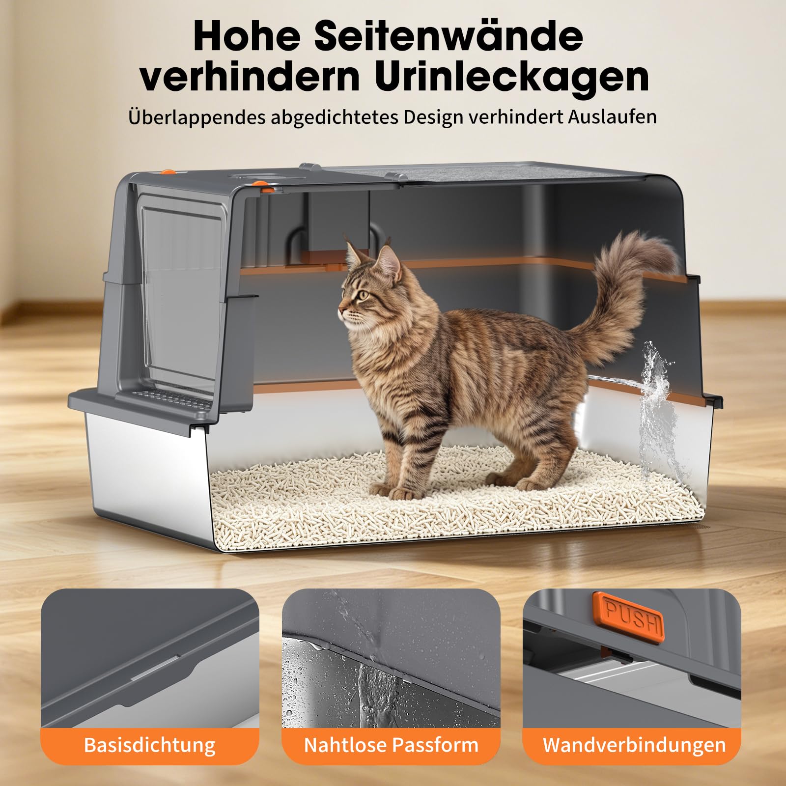 Edelstahl Katzentoilette Geschlossen XXXL Kratzmatte Oben, Dunkelgrau | Großer Klappdeckel, Aktivkohlefilter, Geruchskontrollierend, Leicht Zu Reinigen, Kratzfest, Stabil Für Große Katzen