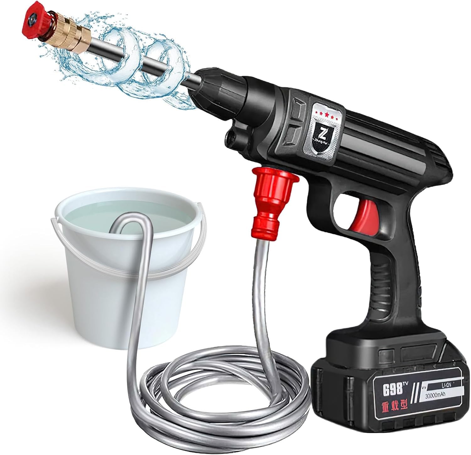 Nettoyeur Haute Pression sans Fil, Pistolet à Eau Portable avec 5m Tuyau, Nettoyeur Haute Pression sur Batterie, Pot en Mousse, Adapté pour Nettoyer Les Voitures, Sols (A-1 Batterie)