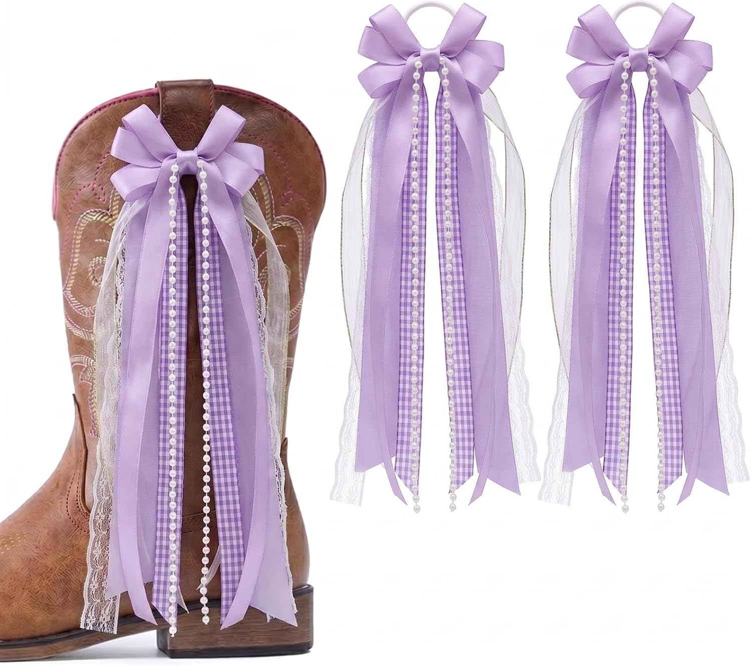 Pink Ribbon Bow Martin Boot Bows, Pink White Buffalo Plaid Boot Bows Glitter Pearl Lace Holiday Birthday School Accessory Decor