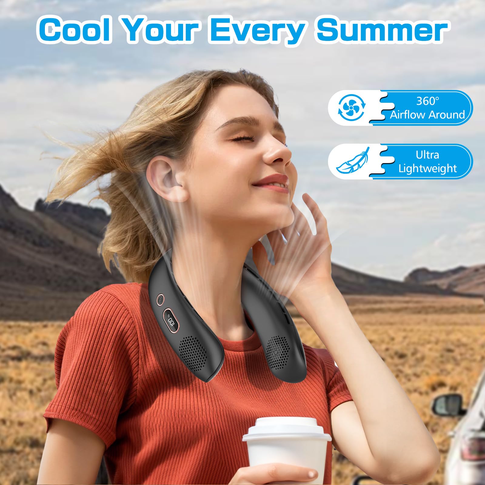 Ventilador de Cuello Portátil, Silencioso, con Flujo de Aire de 360°, Recargable por USB y 3 Velocidades. Ventilador sin Aspas Ideal para la Oficina, Viajes, Hogar Aire Libre (Negro) - 3