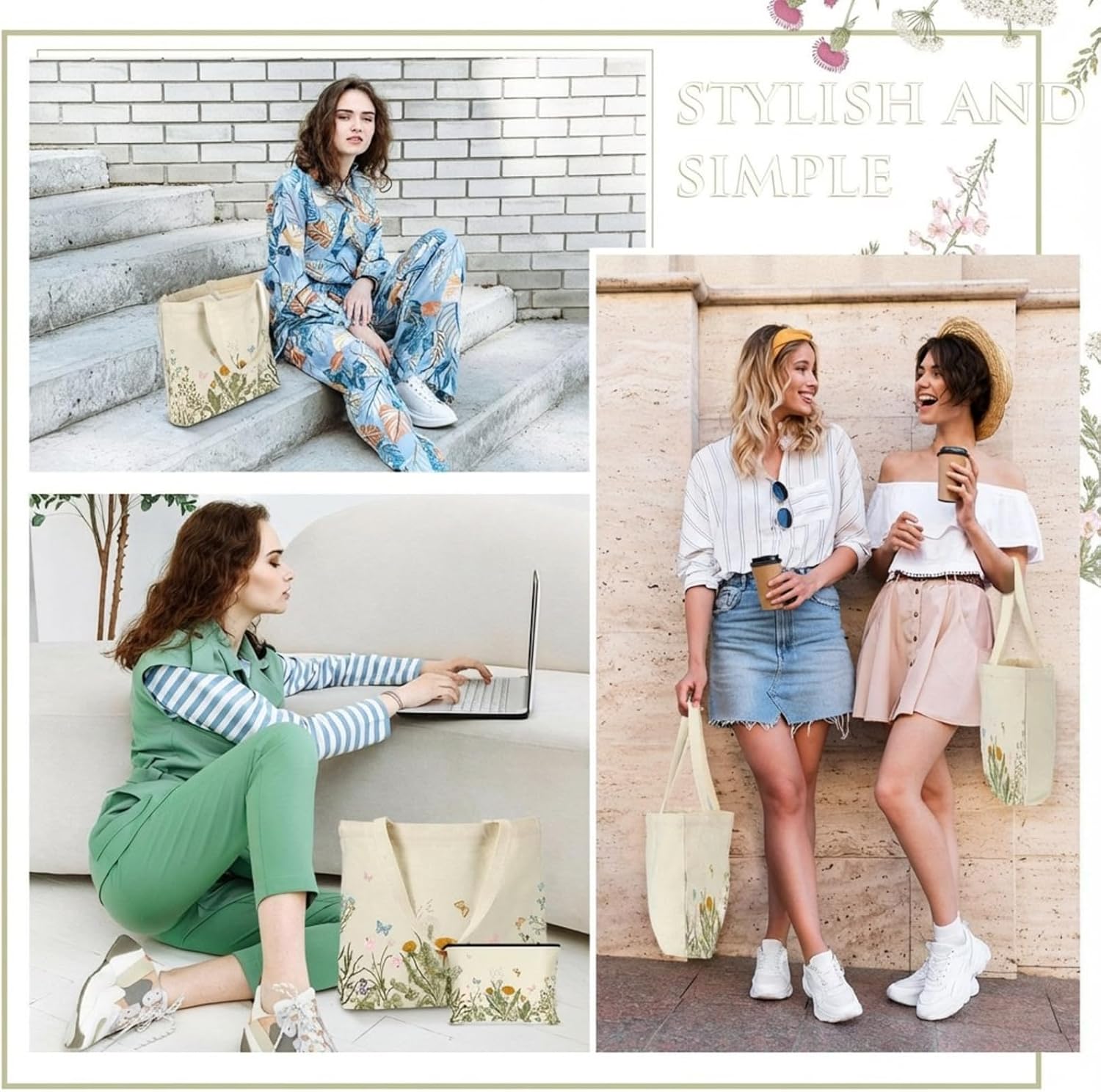 Sadnyy 2 Pcs Butterfly Aesthetic Canvas Tote Bags with Makeup Zipper Pouch for Women Valentine Galentine Cute Floral Reusable Shoulder Tote Bag for Teacher Beach Shopping Travel Work Gym Grocery - Image 2