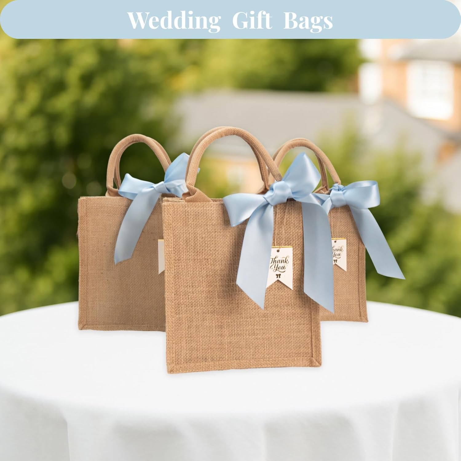 10 Pack Small Burlap Gift Bags with Blue Ribbons for Bachelorette, Bridesmaid, Wedding Welcome Reusable Jute Tote - Image 2