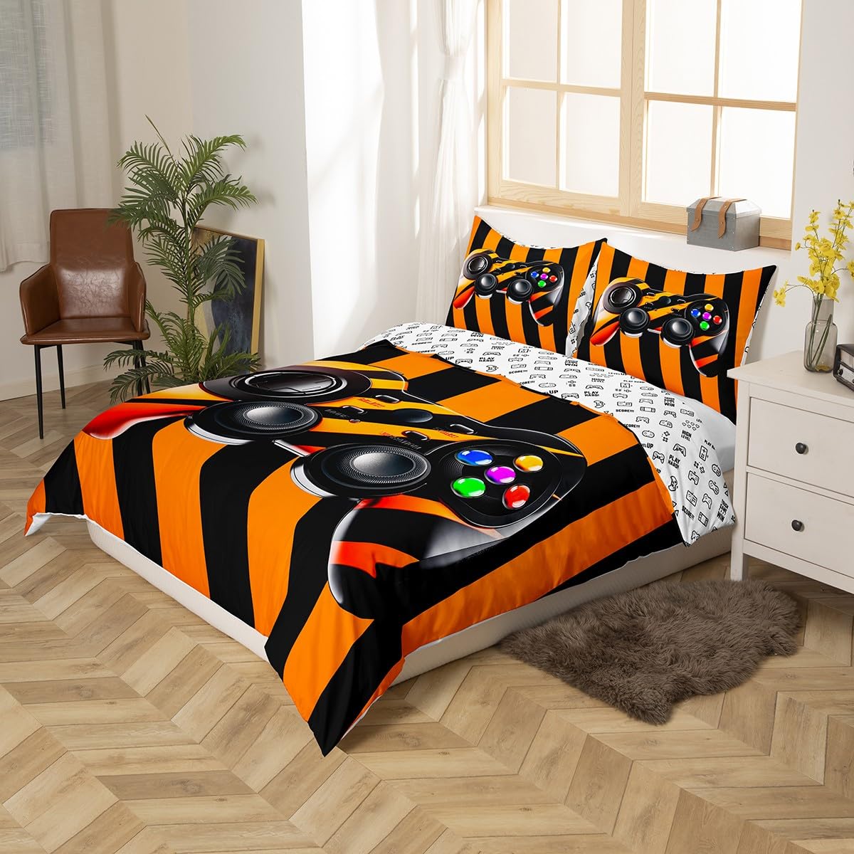 Juego de ropa de cama para niños y niñas, juego de ropa de cama para videojuegos, juego de palanca de mando para videojuegos, funda de edredón naranja con 2 fundas de almohada de 3 piezas, ropa de ca