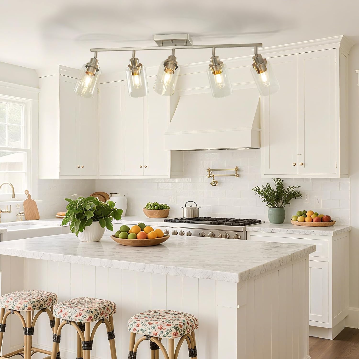 LOUSACE 5-Light Brushed Nickel Track Lighting Kit with Clear Glass, Modern Track Light Fixtures Flush Ceiling Mounted, Tracking Vanity Lighting Rotatable Spotlight for Kitchen Bathroom Accent Shop