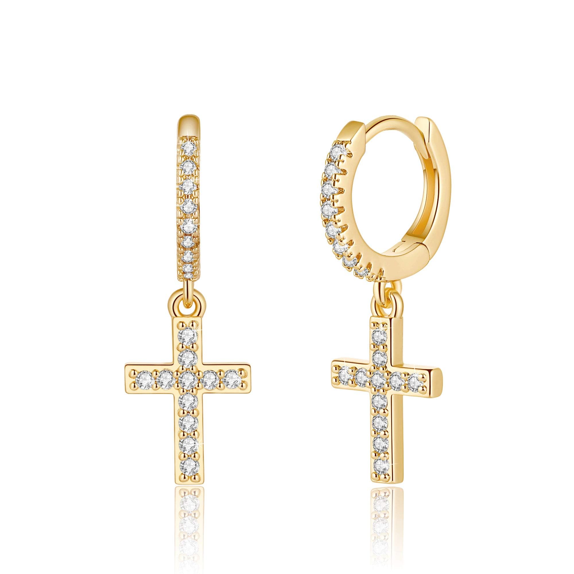 Gold Huggie Hoop Earrings, S925 Sterling Silver Post Dangle Hoop Earrings Hypoallergenic 14K Gold Plated Small Hoop Earrings with Charms Cross Bee Snake Evil Eye Star Huggie Earrings for Women