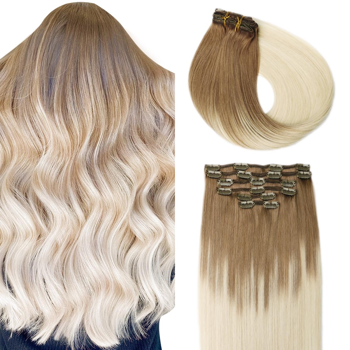SURNEL Extensiones de Clip de Pelo Natural, Castaño Ceniza a Platino 100g 35cm 6 Piezas Extensiones Pelo Natural Remy Cabello Humano Extensiones Pelo Clip Double Weft Extensiones de Clip(C#8T60-35cm)